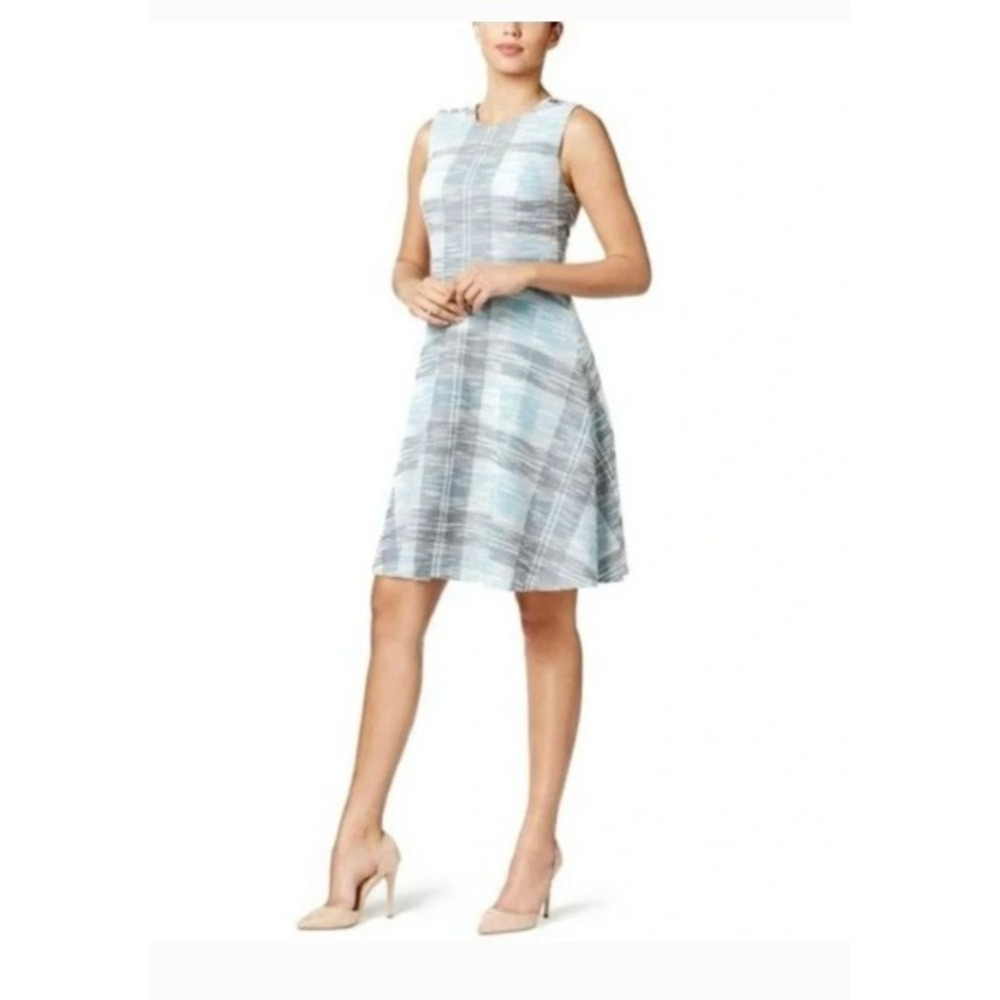 Tommy Hilfiger Blue White Tweed Plaid Fit Flare Dress Gold Buttons Sz 18 Preppy